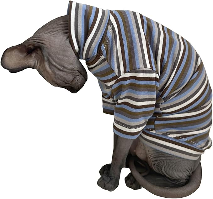 Vintage Stripes Sphynx Hairless Cats Shirt Cotton Cat Turtleneck Pet Clothes Kitten T-Shirts with Sleeves for Sphynx Cats (Storm, X-Large)