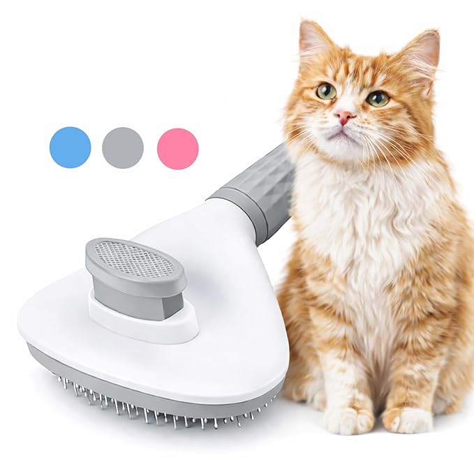 Cat Brush for Shedding, Self Cleaning Slicker Brush for Long Haired Cats, Deshedding Grooming Tool for Indoor Cats with Easy Release Button System (Pink)