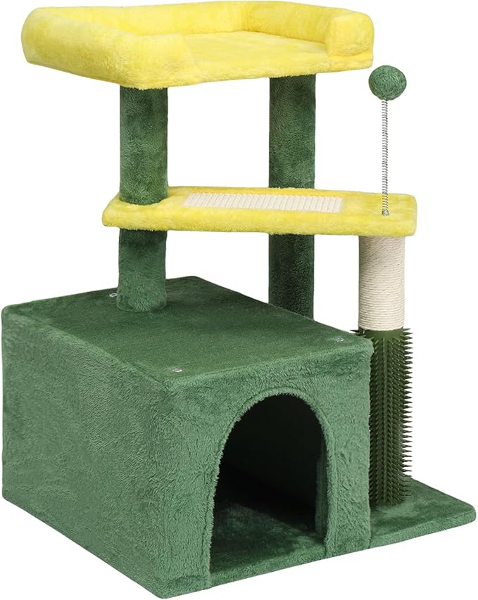Cat Tree, Carpet Cat Tower for Indoors Cats, Cute Wood Kitty Condo with Scratching Post and Pad, Multi-Level Modern Activity Climbing Furniture for Small and Medium Cats (Green)