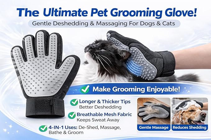 4-in-1 Pet Grooming & Washing Glove for Dogs and Cats, De-Shedding Massage Bathing Grooming Cat Hair Remover Glove with Longer Tips More Efficient (Right, Grey)