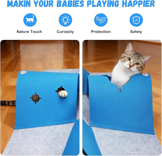35.4" Large Interactive Felt Cat Activity Play Mat – Ripple Style Hide & Seek Tunnel with Hanging Ball, Foldable Snuffle Mat for Indoor Cats, Kittens, Rabbits, Small Pets, Blue