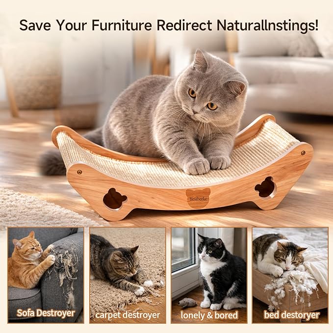 Upgraded Sisal Cat Scratcher Bed, Solid Oak Frame 1.3 cm Thick, 100% Sisal Pad, Curved Scratch Lounger, Stable Base Up to 36 lb, Sofa Protector, Odor-Free, 23.6" x 13.7"