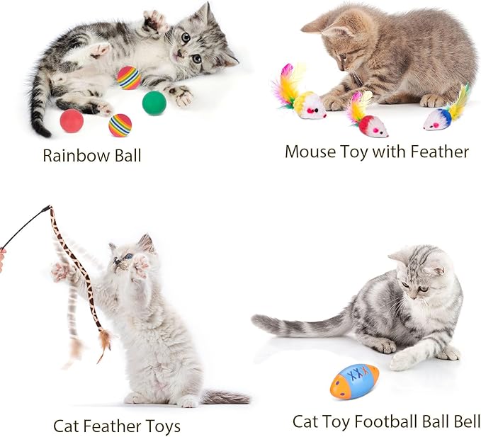 Retro Shaw Cat Toys Pack 25Pcs, Interactive Kitten Toys for Indoor Kittens Cats, Collapsible Kitty Play Tunnel Tent Feather Wand Balls Bell Springs Mouse Kitty Toys for All Breeds (4 Tunnel)