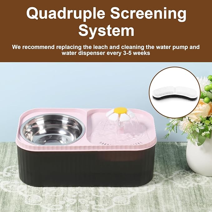 Cat Water Fountain and Food Bowl, 101oz/3L Automatic Fountain Water Bowl, Cat Food & Water Dispenser Set,Stainless Steel Dog Feeder, Pet Feeding & Watering Supplies for Pets (Pink, 1)