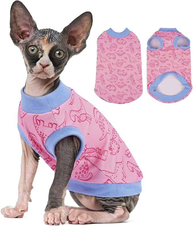 X-Large Sphynx Hairless Cat Clothes with Dinosaur Print, Pullover Kitten T-Shirts Vest, Sleeveless Bodysuit Cat Pajamas Jumpsuit, Breathable Daily Wear Clothes for Cats