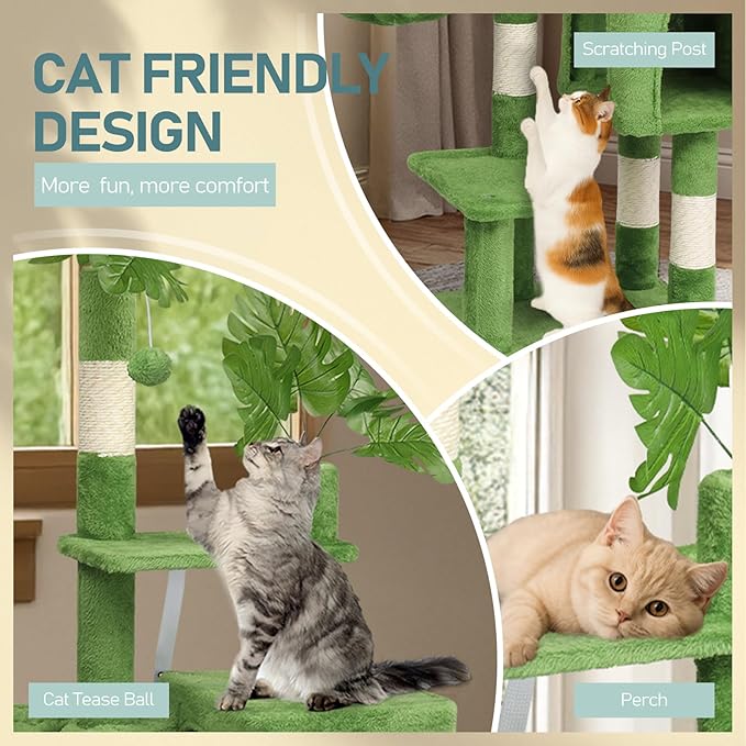 50in Plush Cat Tree with Leaves, Multi-Level Cat Tower with Condo, Hammock & Sisal Scratching Posts, Large Indoor Cat Activity Center for Kittens Under 10lbs, Green Pet Playground Furniture