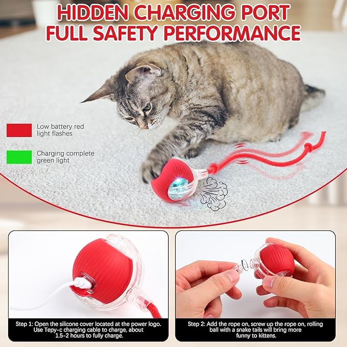 Interactive Rolling Cats Toys Ball for Indoor- Rechargeable Moving Interactive Dogs Balls Toy for Indoor, Self-Playing Automatic Moving Kitten Toys for Cats, Durable and Safe Material (Red)