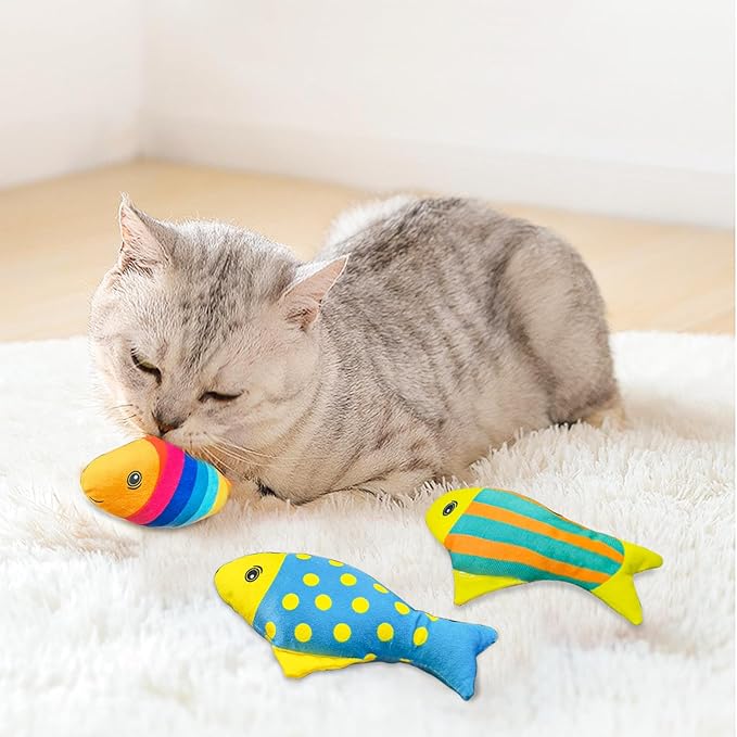 Andiker 2PCS Catnip Toys for Cats, Colorful Cat Fish Toys with Catnip Built-in Bells Soft Bite-Resistant Interactive Cat Toys for Indoor Cats Biting Chewing Reducing Boredom (Lines)