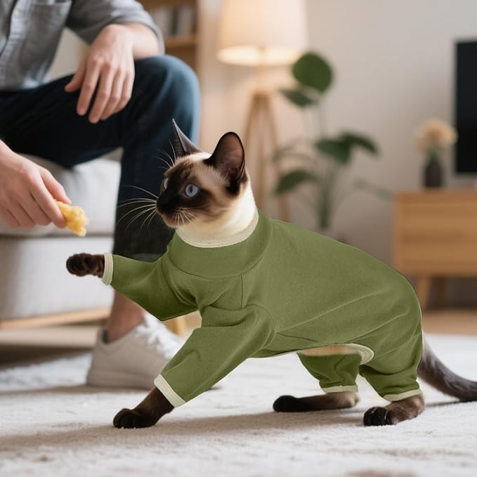 DENTRUN Cat Clothes for Hair Control with Hair Sticky Fabric - Soft Recovery Suit & Breathable Lint-Resistant Cat Sweater for Cats Only, Kitten Onesie Pajamas, XXL, Army Green