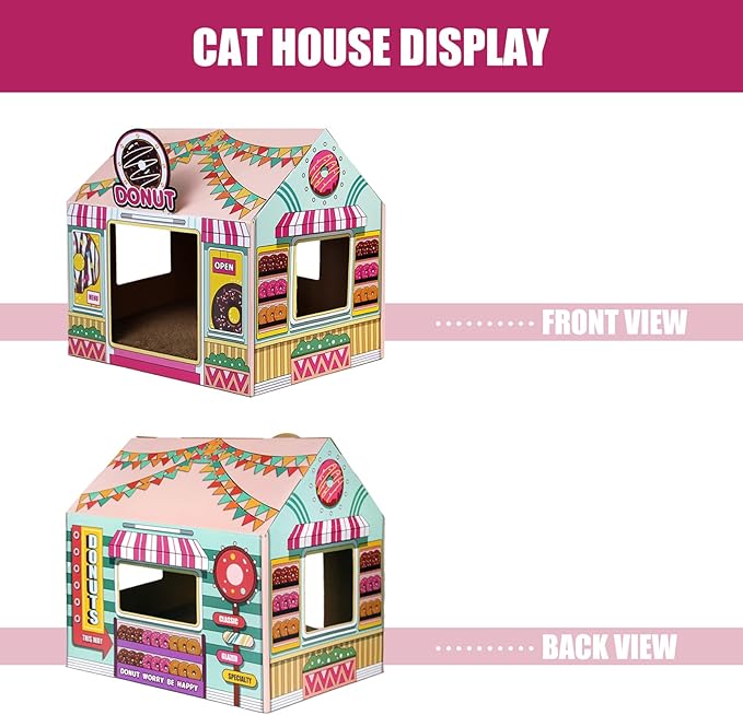 SEKAM Cardboard Cat House with Scratcher/Catnip (16.5'' x 12'' x 15''), Donut Shop for Indoor/Outdoor, Cat Scratch Box & Home Decor, Hideout for Small Animals