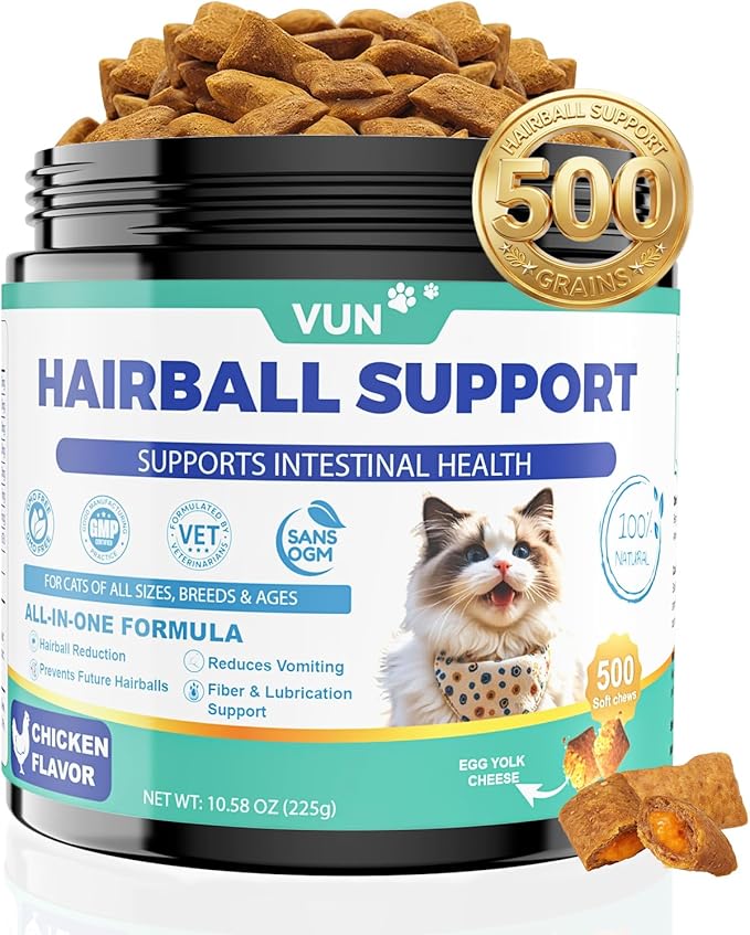 VUN Cat Hairball Support Crunchy & Creamy Chews, Hairball Treatment for Cats, Remedy Cat Treats, Cats Furball and Hair Ball Supports Skin & Coat, Digestion, Vitamins,Chicken Flavor (90-Day Supply)