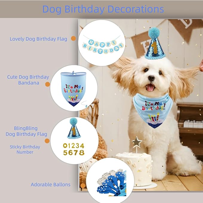 Dog Birthday Party Supplies with Bandana and Party Hat with Numbers, Happy Party Banner and Bollon for Small Middle Dogs Blue Birthday Boy Girl Scarf (Blue)