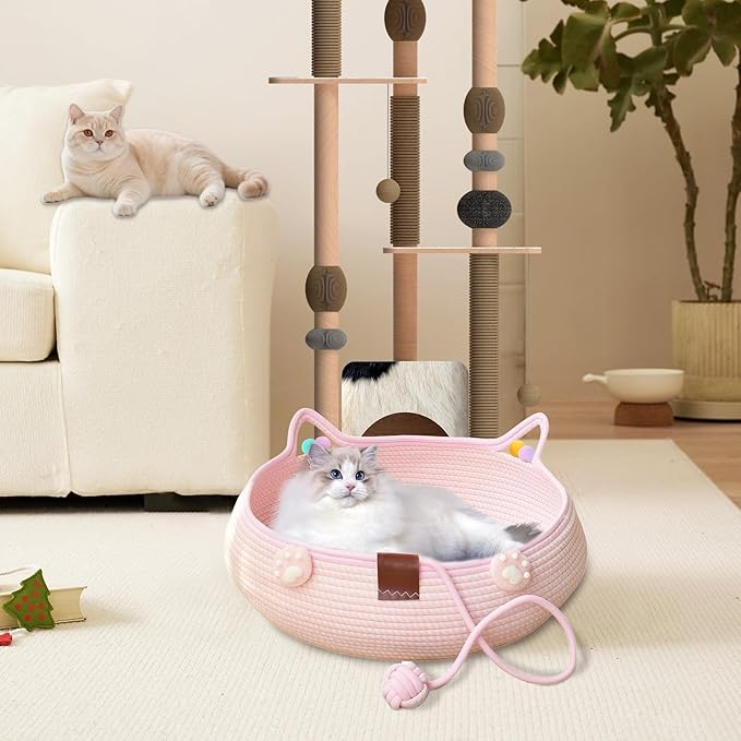 Woven Cat Bed Basket with Ears, Pink Cotton Rope Pet Bed for Indoor Cats, Small Dogs & Rabbits - Cute Basket with Pom Poms & Toy Ball (15.75x5.51 Inch)