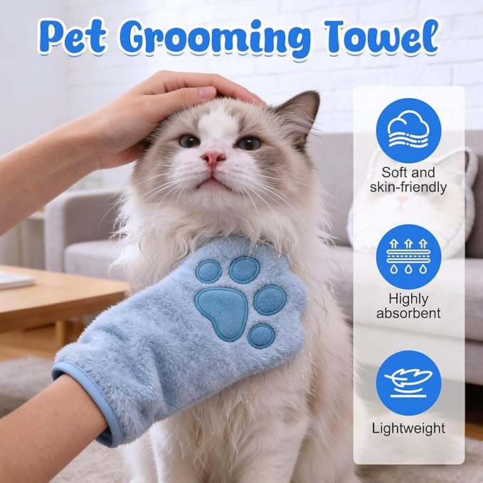 Paw Bathing Towel for Cats Puppy, Reusable Absorbent Quick-Dry Pet Grooming Towel, Soft Bath Mitt for Dirt Odor Removal, Daily Care and Travel, for Dogs & Cats (Blue)