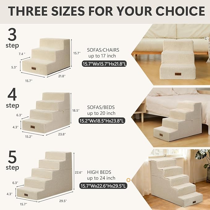 Aodisman Dog Stairs for Small Dogs, 3-Step Wider Pet Stairs for Couch and Beds, Non-Slip Dog Steps for Old Cats, Puppy, Small Medium Dogs,15.7" H,Beige