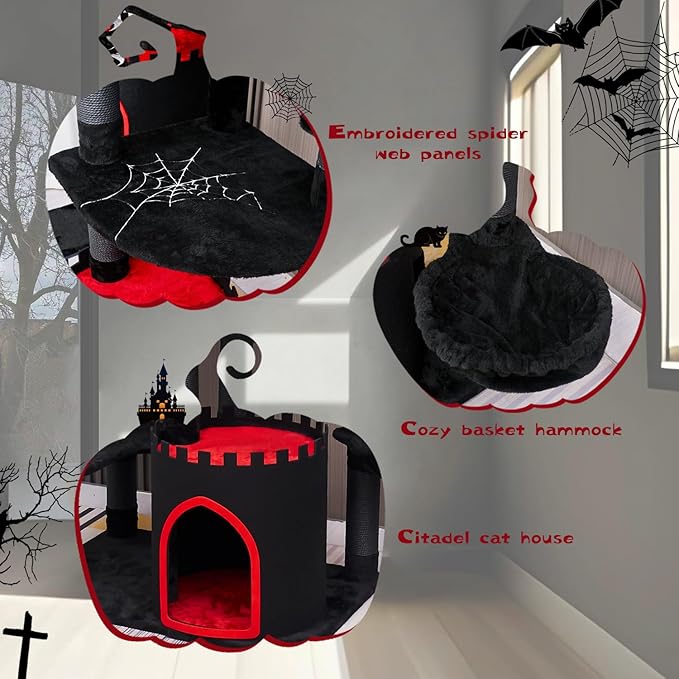 YARUOMY Gothic Castle Cat Tree, 68.9in Black Tall Cat Tower with Coffin Cat Bed, Spacious Cat Condo for Large Cats, Scratching Posts, Spider Hanging Ball,Basket,Cat Ball Track Toy