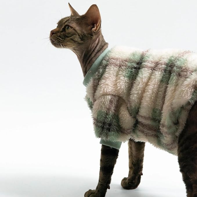 Cat Double-Sided Fleece Clothes, Soft Warm Winter Jumpsuit Sweater Shirt Clothing for Hairless Sphynx, Devon & All Indoor Kittens (Green,XXXL)