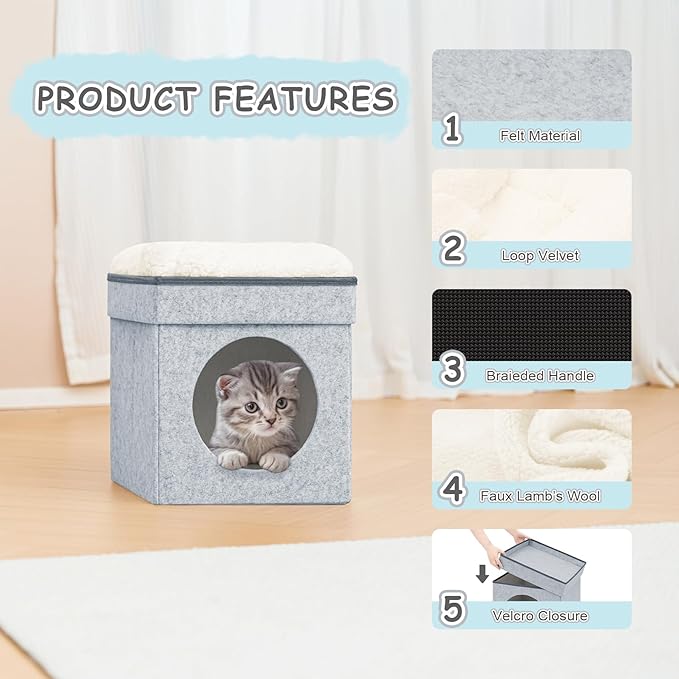 B FSOBEIIALEO Cat House Cube Small Dog Cubes For Indoor Cats Folding Cat Ottoman, Cat Cave, Stackable Cat Condo For Kitten, With Removable Soft Sleeping Bed, Felt And Engineered Wood 12.6"(Light Grey)