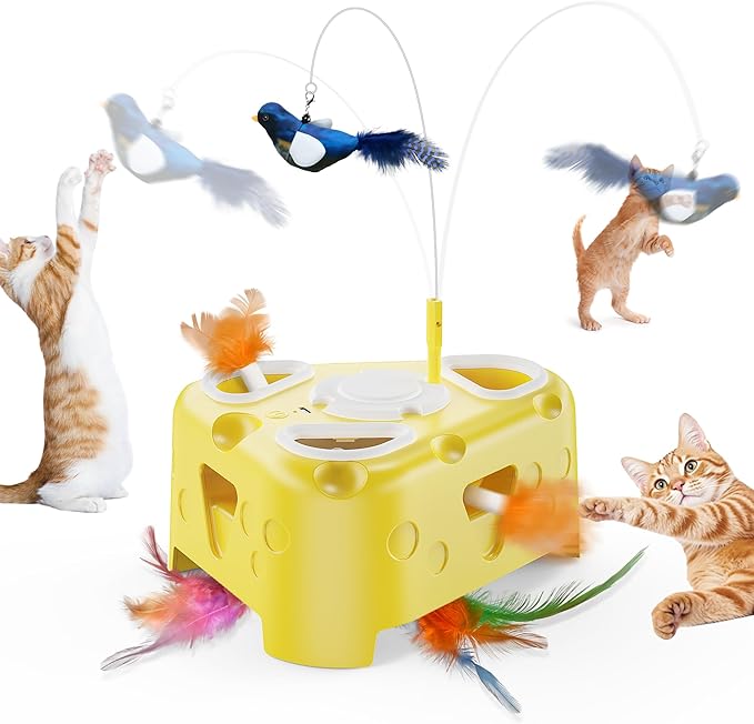 Automatic Cheese-Shaped Interactive Cat Toy – Flying Bird, 6-Hole Mole & Rotating Feather | USB Rechargeable Electronic Feather Toy for Indoor Adult Cats & Kittens, Relieves Boredom