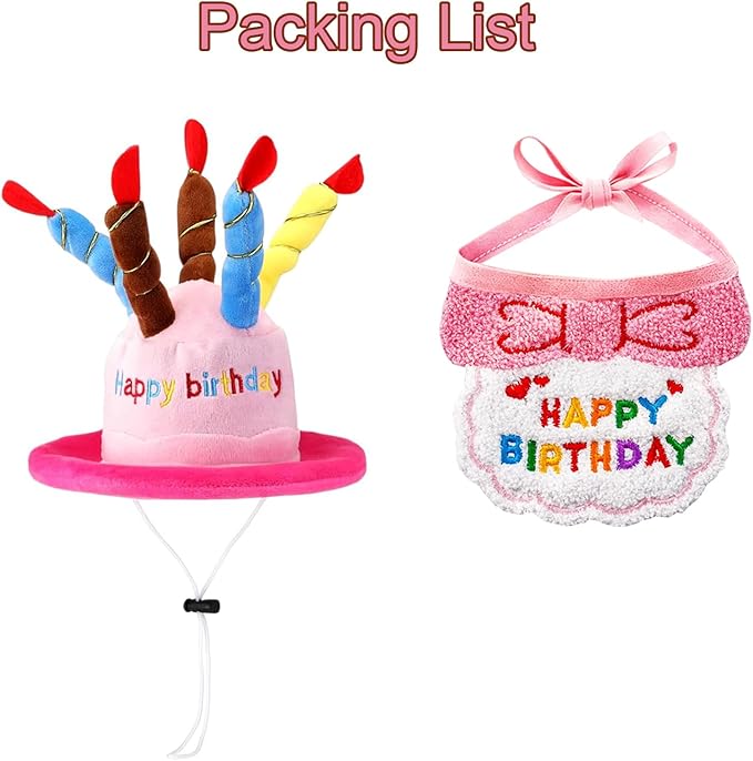 Dog Birthday Cake Hat & Bandana Scarfs Set Pink, Cute Dog Happy Birthday Hat Pet Cap Headwear Hat with 5 Colorful Candles, Cat Birthday Party Supplies Decorations (Pink)