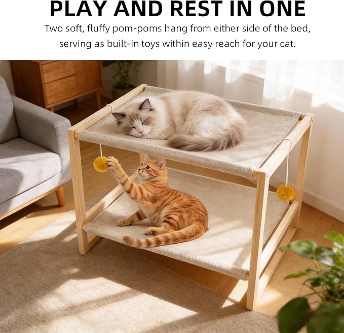 2 Layer Cat Hammock Bed, Pine Wood Bunk Bed for Cats with Removable Washable Cover, 45 lbs/Tier Capacity, Elevated Pet Bed Includes Tools & Toys (23.6" x 16.5" x 13")
