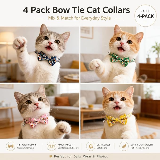 4 Pack Cute Cat and Puppy Collar with Removable Bow Tie and Bell, Adjustable Fit Kitten Collars for Cats & Small Dogs, Cute Bowknot