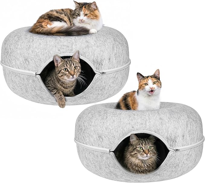 Cat Cave Bed Tunnel Donut 2 Pack– Peekaboo Felt Hideaway for Indoor Large Cats up to 45 lb – Detachable Washable Scratch-Resistant – Multi-Cat & Kittens, Grey