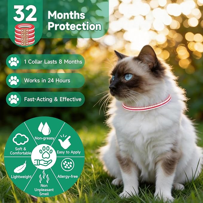 Flea Collar for Cats, 4 Pack Flea and Tick Prevention for Cats, 32 Months Cat Flea Treatment, Adjustable Cat Flea Collars, Waterproof Cat Flea and Tick Treatment Collar, Flea Treatment for Cat