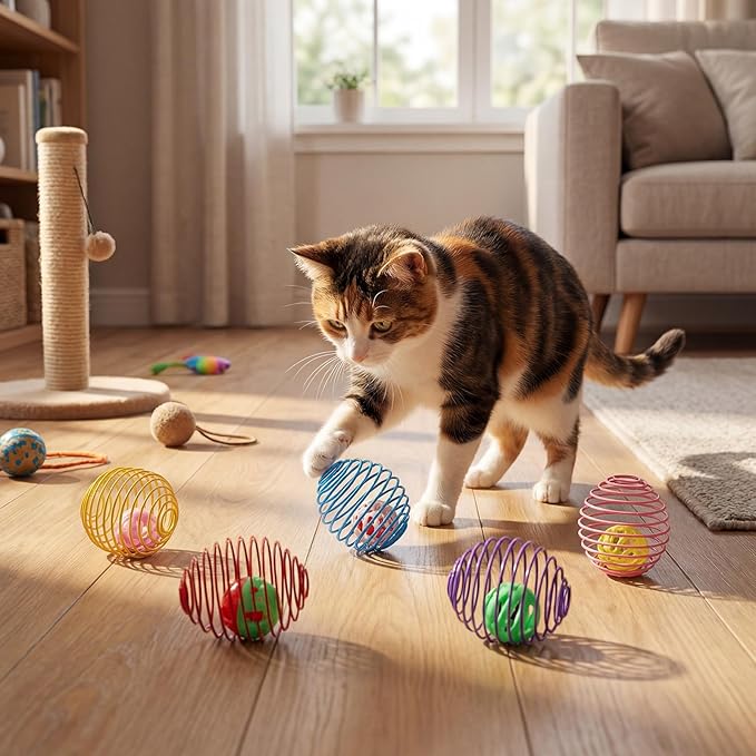Jecery 5 Pcs Cat Spring Toys Stretchable Rolling Balls Colorful Playful Coils Interactive Action Toy Caged Rats for Kitten Pet Supplies (Bell Ball,Multicolor)