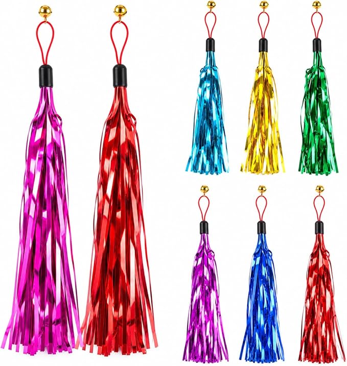 LUOZZY 8 Pcs Cat Teaser Wand Replacement with Bell Metallic Foil Tassel Cat Wand Toys Interactive Catcher Teaser for Pet, Random Color