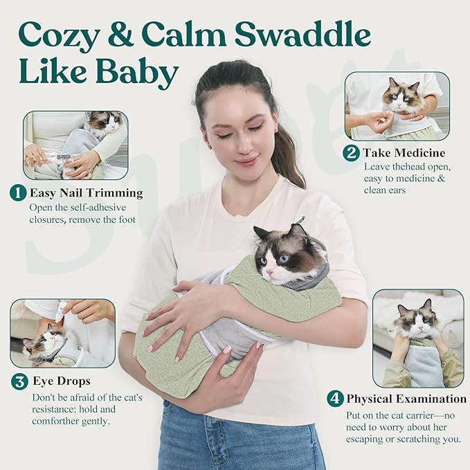 Supet Cat Grooming Wrap for Cutting Nails, Self-Adhesive Anti-Scratch Swaddle with Bite-Proof Mesh Hood & Thick Waist Strap Anti-Escape Bag for Nail Trimming, Medication, Ear Cleaning (Green L)