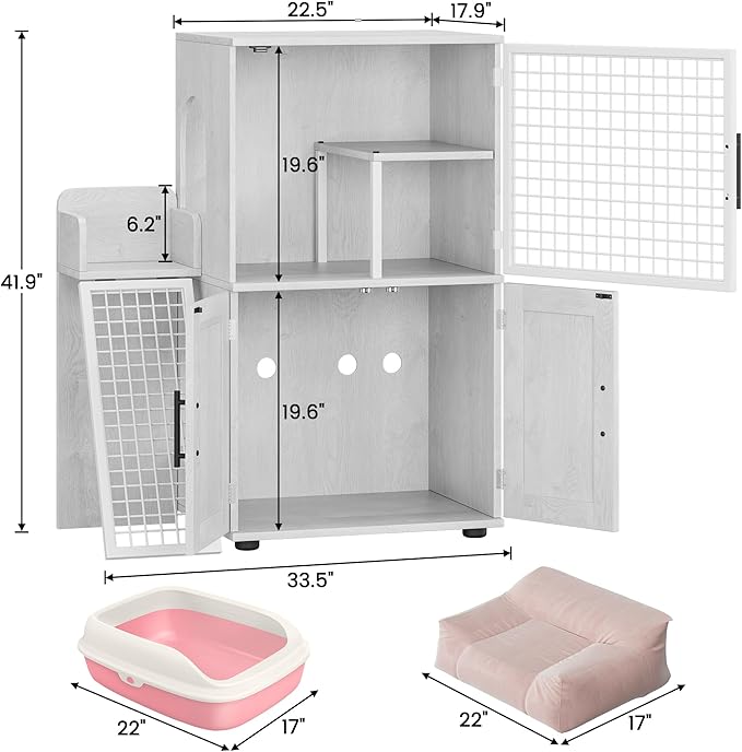 IDEALHOUSE Modern Cat Litter Box Enclosure with Platform, Double Layer Hidden Litter Box, Indoor Washroom, Villa Cat House with Ladder, 33.5" l x 17.9" w x 41.9" h,White