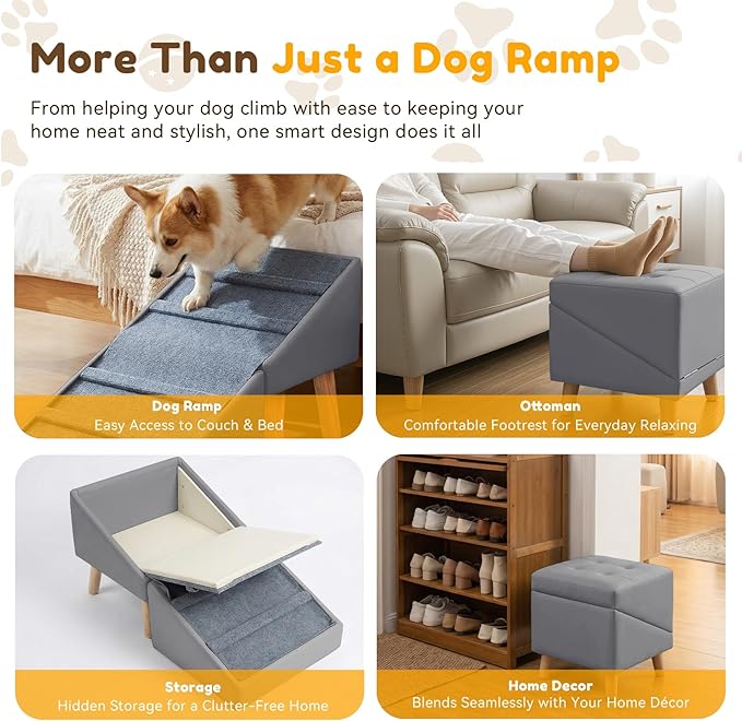 Dog Ramp for Small Dogs, 18.5" Extra Wide 3-in-1 Dog Stair with Foldable Ottoman & Hidden Storage Design, 15.7" H Safer Leather Pet Steps for Couch Sofa Bed (Grey)