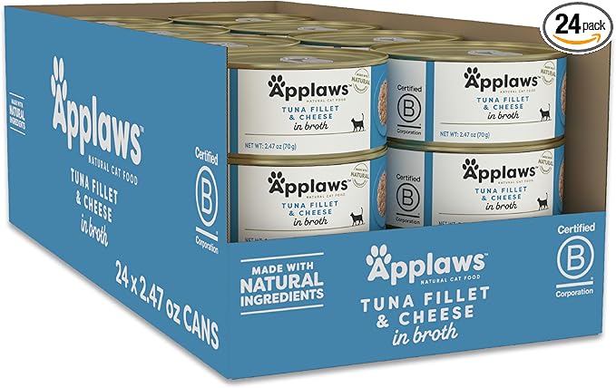 Applaws Wet Cat Food, 24 Count, Limited Ingredient Canned Wet Cat Food, Tuna Fillet with Cheese in Broth, 2.47oz Cans