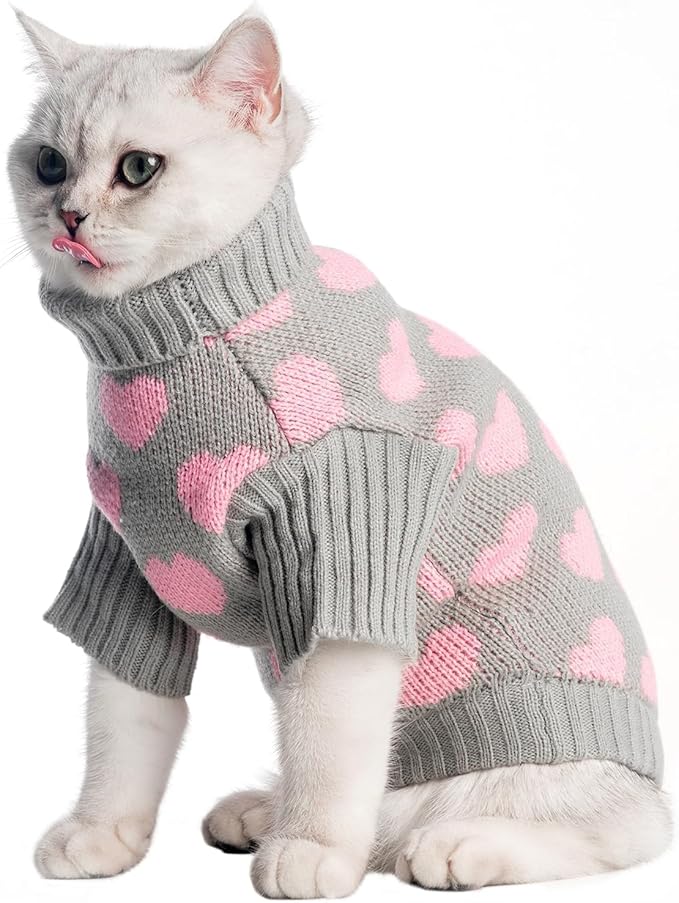 KOOLTAIL Cat Sweater - Valentine's Day Outfit with Hear Love Pattern Cold Weather Soft Warm Knit Turtleneck Clothes for Cats Kitten Small Dogs Puppy Greay S