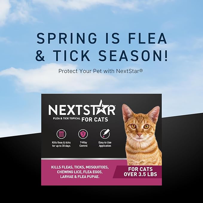 NEXTSTAR Flea and Tick Prevention for Cats, Repellent and Control, Fast Acting Waterproof Topical Drops, Flea Prevention for Cats Over 3.5 lbs, 6 Monthly Doses