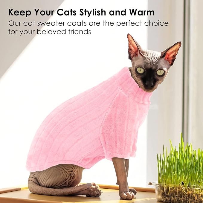 Sweaters for Cats, Hairless Sphynx Sweater Kitten Pullover with Sleeves, Warm and Soft Cat Pajamas Fleece Sweatshirt Jumpsuit, Turtleneck Clothes for Fall Winter, Pink S