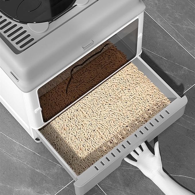 Pet Supplies, Semi-Enclosed Plastic Cat Litter Box with Scoop (Gray)