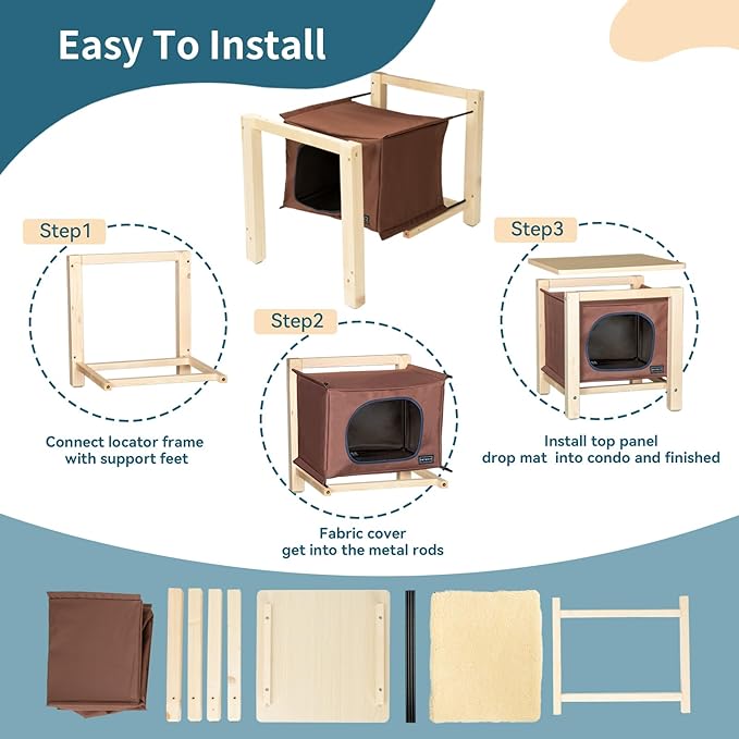 Petsfit Modern Indoor Cat House Furniture for Cats, Nightstand-Style Pet Bed with Removable Oxford Cloth Cover, Hanging Cat Cave with Thickened Top for Living Room/Bedroom Wooden Brown