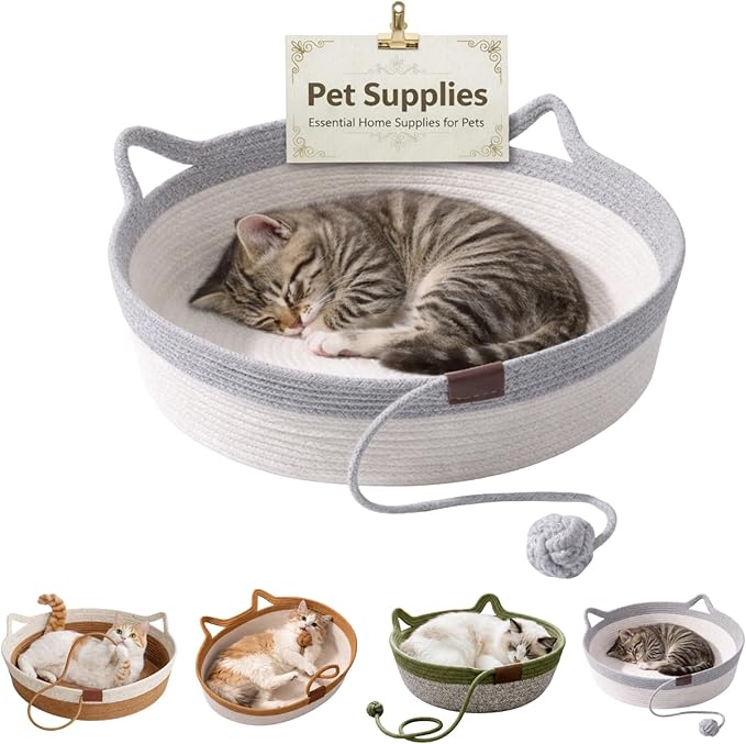 Interactive Cat Bed Basket Handwoven Cotton Rope Stimulicat Cat Basket with Toy Ball, Foldable Scratchable Instinct Basket for Cats & Kittens Stimuli Cat Basket Nest