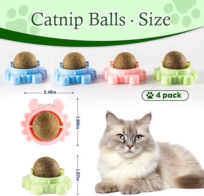 4 Pack Catnip Wall Balls 360° Rotatable Edible Cat Nip Toys Licking for Cats Wall-Mounted Teeth Cleaning Anxiety Relief Natural Indoor Mint Safe and Healthy Chew Kittens Peppermint Ball Climb Treats