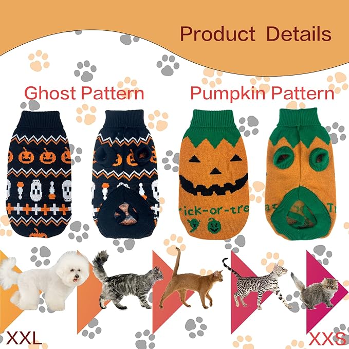 2Pcs Pet Halloween Sweaters Dog Halloween Pumpkin Sweater Kitten Cat Holiday Theme Turtleneck Knitwear Shirt with Pumpkin Skull Patterns Dog Puppy Halloween Costume Clothes for Small Dogs M
