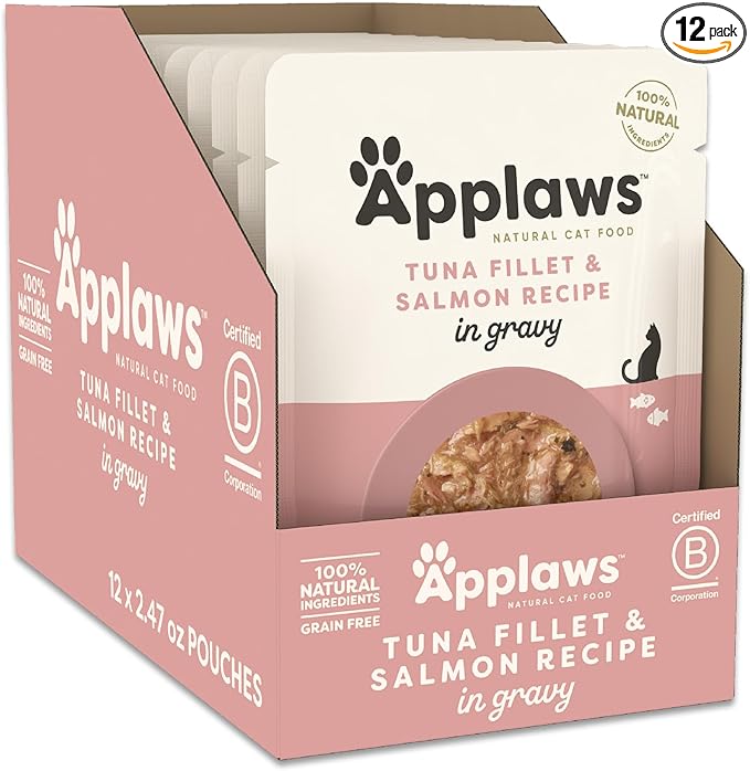 Applaws Natural Wet Cat Food in Gravy, Limited and Natural Ingredients, High Protein with No Artificial Additives, Tuna with Salmon in Gravy (12 x 2.47oz Pouches)