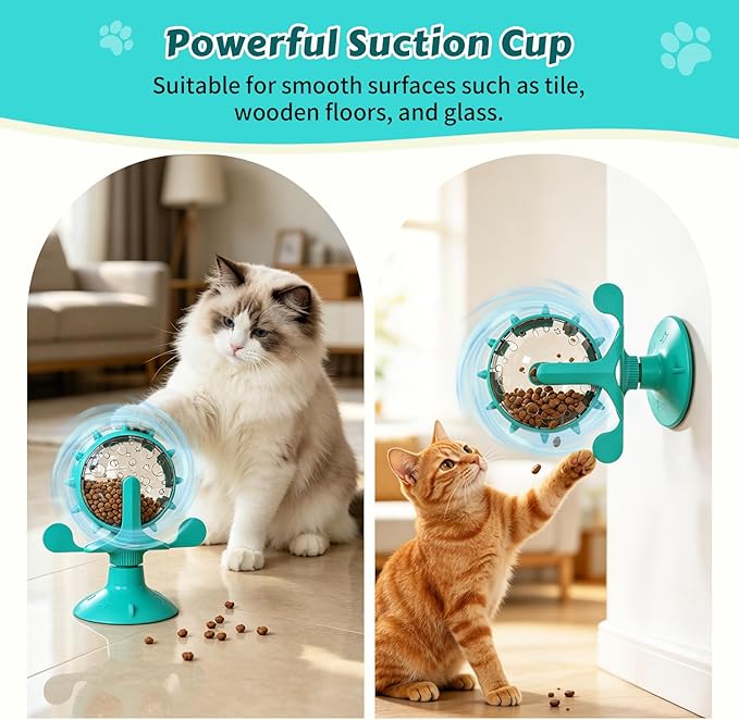Cat Food Treat Dispenser Toy Interactive with 360°Rotating Windmill Suction Cup for Indoor Cats, Kittens & Small Dogs Slow Feeder Snack Exercise & Distribution Wheel Toy