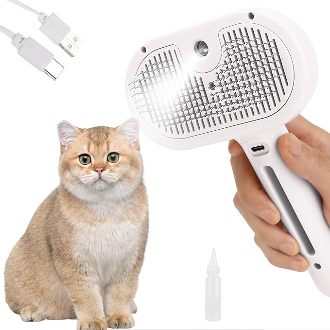 ORIGENCE Steam Brush for Long Haired Pets - Self Cleaning Grooming Tool for Cats and Dogs to Reduce Shedding, Static and Flying Fur, White