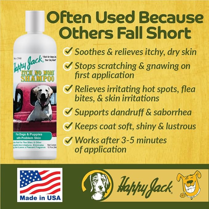 Happy Jack Dog Itch Relief Shampoo & Medicated Treatment (12 oz) Stops Itching, Scratching & Gnawing Fast, Soothes Flea Bites & Allergies, Skin & Coat Care for Puppies, Adults & Sensitive Dogs