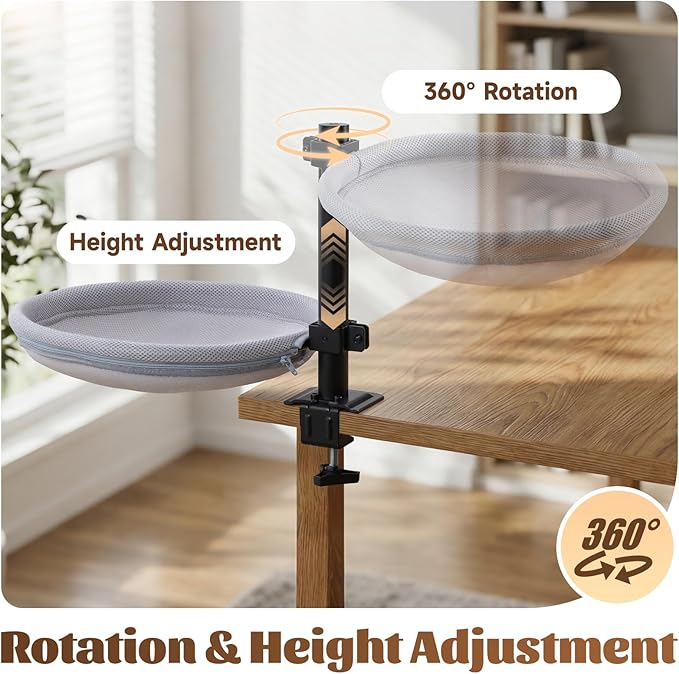 Cat Desk Bed with Interactive Hanging Ball, 360° Rotating & Height Adjustable Cat Hammock Perch, Cats Bed for Desk with Removable Washable Cover for Home Office Indoor Cats
