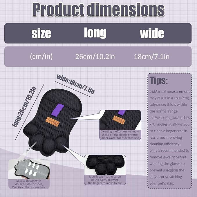 2PCS Paw Shape Pet Hair Removal Glove for Dogs & Cats, Reusable Electrostatic Lint Remover Brush for Couch, Carpet, Clothing, Bed, Car Seat, Upgraded Design（Gray）