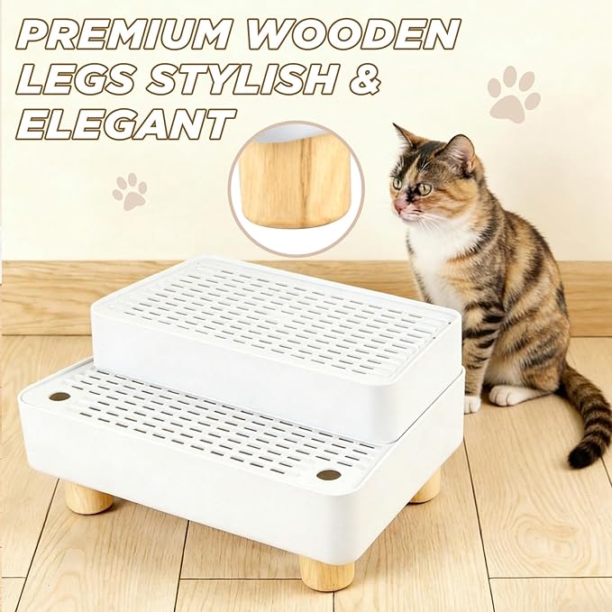 Adjustable 2 Steps Litter Box Ramp, Cat Litter Catcher Mat with Wooden Feet, Filter Function, Litter Box Step for Small & Elderly Cats, Fits Automatic Litter Boxes (White)