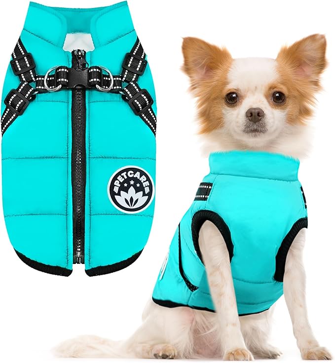 PETCARE Winter Dog Coat with Harness Built in Waterproof Dog Jackets Warm Pet Fleece Vest Windproof Snow Jacket Snowsuit Reflective Dogs Cold Weather Coats for Puppy Small Medium Large Dogs Cats